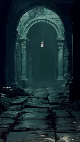 Lanternlight tiptoes through a crumbling stone arcade