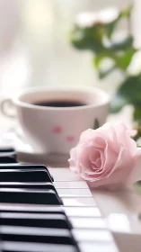 Shallow depth-of-field study of piano keys, rose, and coffee cup