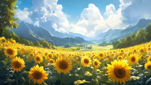 Sunflower field extending toward distant mountain valley.