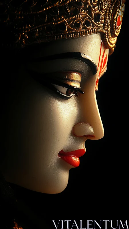 Serene goddess profile glowing softly in warm golden light.