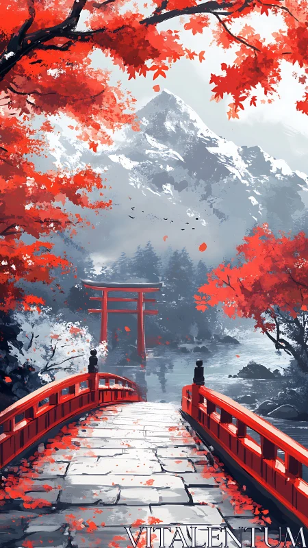 Red bridge and torii gate under autumn foliage by mountains.