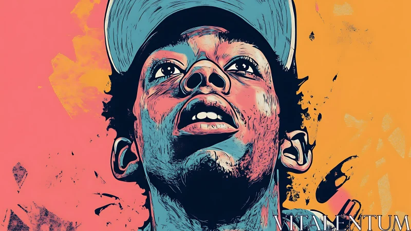 Bold pop art portrait of young man in cap on split background.