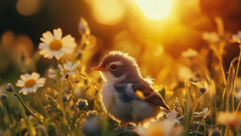 Fluffy baby bird in wildflower meadow at sunrise, dreamy soft focus.