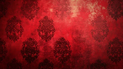 Red damask wallpaper with distressed vintage texture.