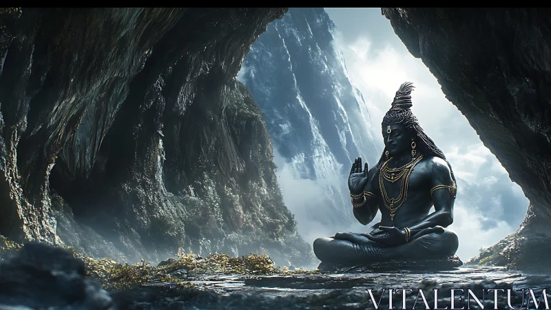 Divine blue figure meditates in misty mountain cavern space.