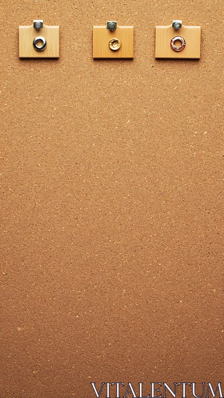 Cork board surface with three wooden clips holding circular metal fasteners