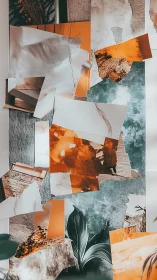 Warm collage wall blending textures, colors, and quiet stories.