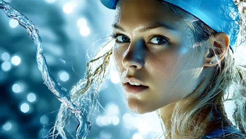 Glistening swimmer in cool blue light and swirling water.