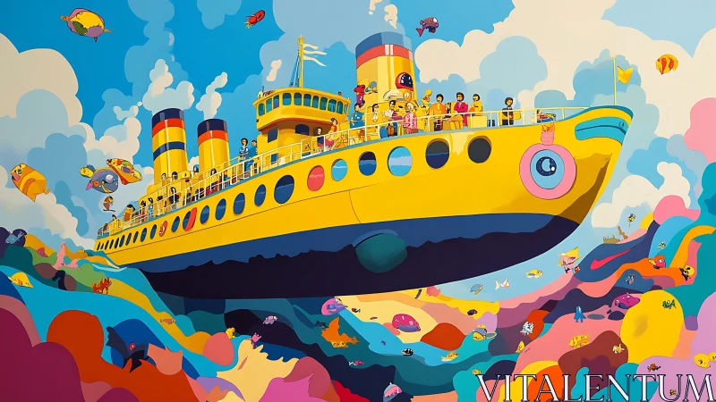 Cheerful yellow ship sailing through a candy colored sea.