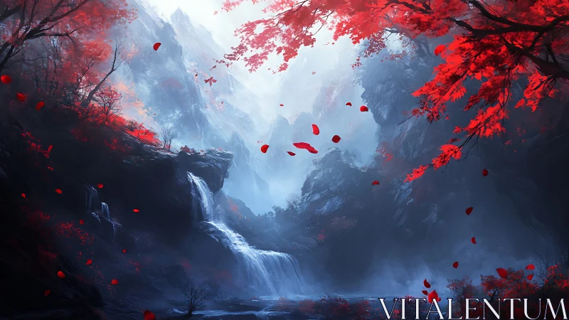 Red forest canyon with waterfall and misty mountain walls.