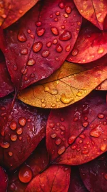 Close-up view of wet red leaves with scattered water droplets.