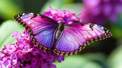 Purple-blue butterfly on lilac flowers in close-up view.