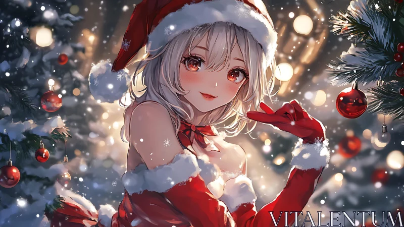 Anime holiday portrait with luminous bokeh and festive framing.