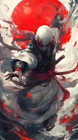 Masked warrior lunges forward before blazing red sun.