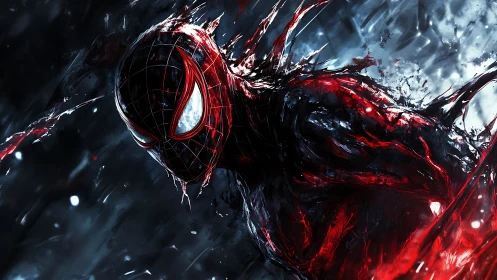 Dynamic masked hero engulfed in red and black energy storm.