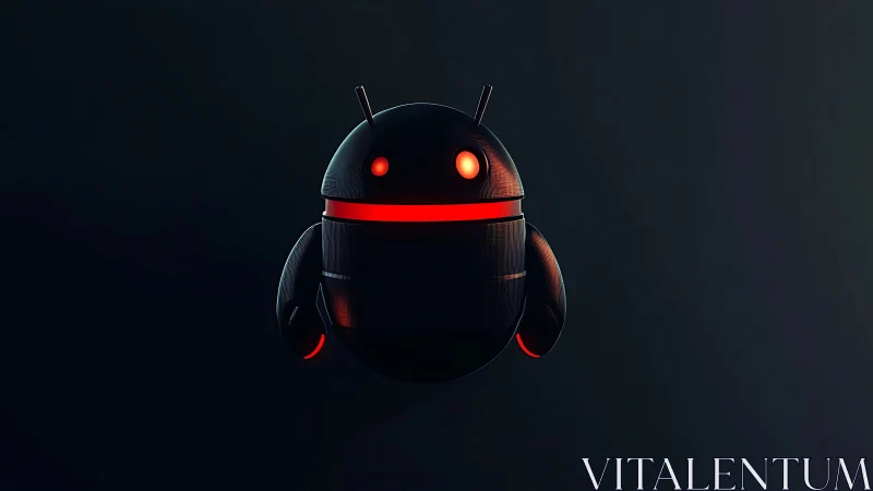 Dark robotic mascot with red illuminated accents floating.