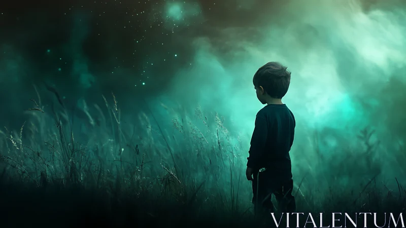 Solitary child silhouetted in teal cosmic night meadow.