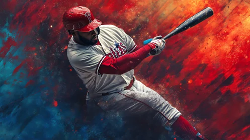 Baseball batter swings powerfully through blazing abstract field