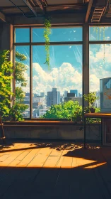 Sunlit studio loft dreaming above a gentle green cityscape.