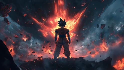 Backlit anime warrior over volcanic chasm with eruptive energy