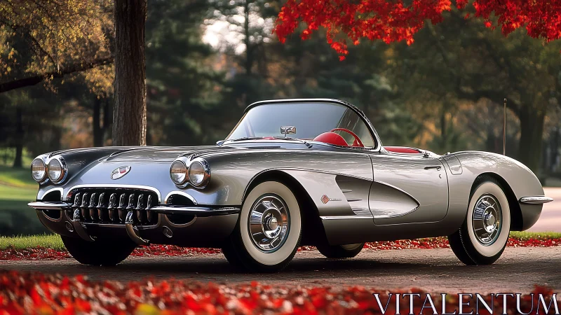 Classic silver Corvette convertible parked under red autumn maples.