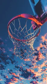 Evening basketball hoop glows warmly against painted clouds