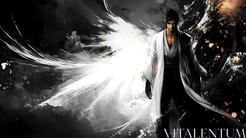 Brushstroke winds crown the warrior in monochrome light