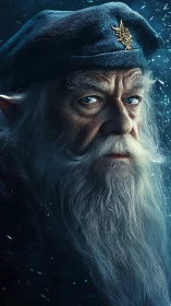 Elderly wizard portrait under swirling winter starlight.
