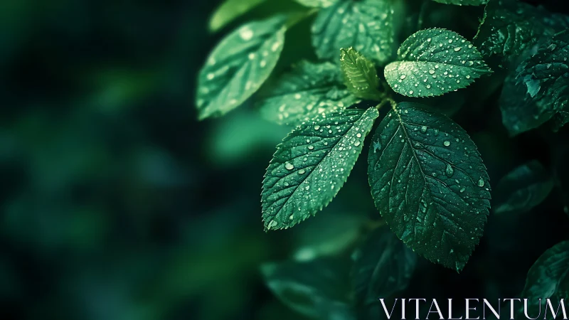 Glistening green leaves soaking up gentle morning raindrops.