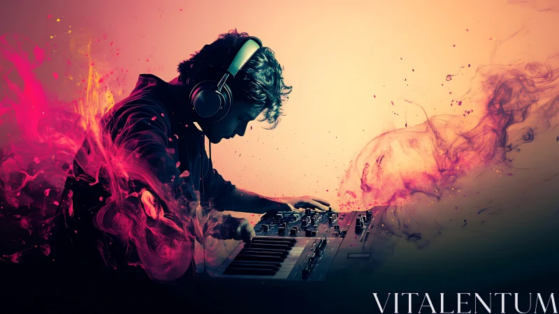 DJ wearing headphones creates vibrant synth soundscape at console