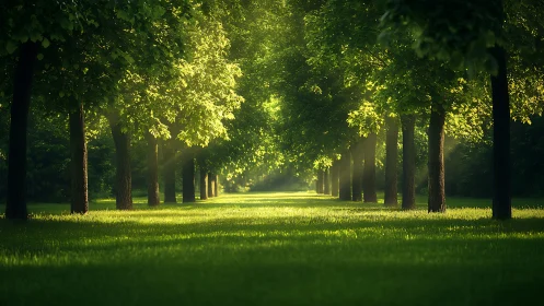 Sunlit tree corridor where morning light weaves through green.