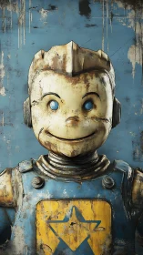 Rusty cartoon robot bust with blue eyes faces front