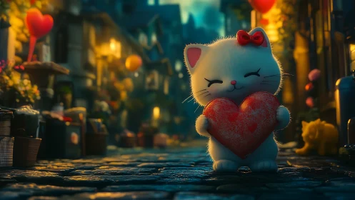 White cat figurine holding red heart in atmospheric urban street scene.