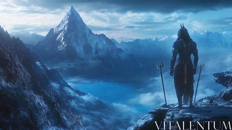 Mythic warrior overlooks icy mountain lake at dawn