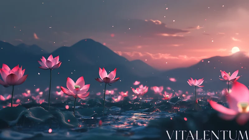 Twilight lotus pond with volumetric lighting and soft bokeh glow.