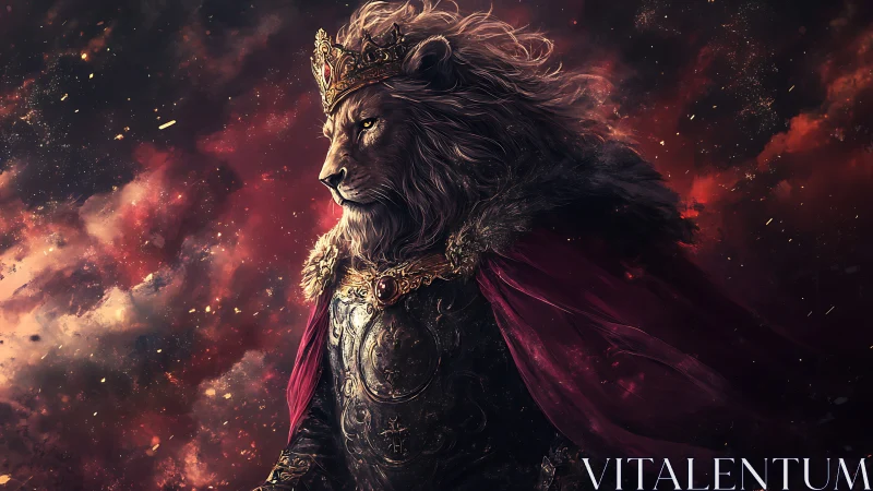 Majestic lion king in armor beneath stormlit skies.