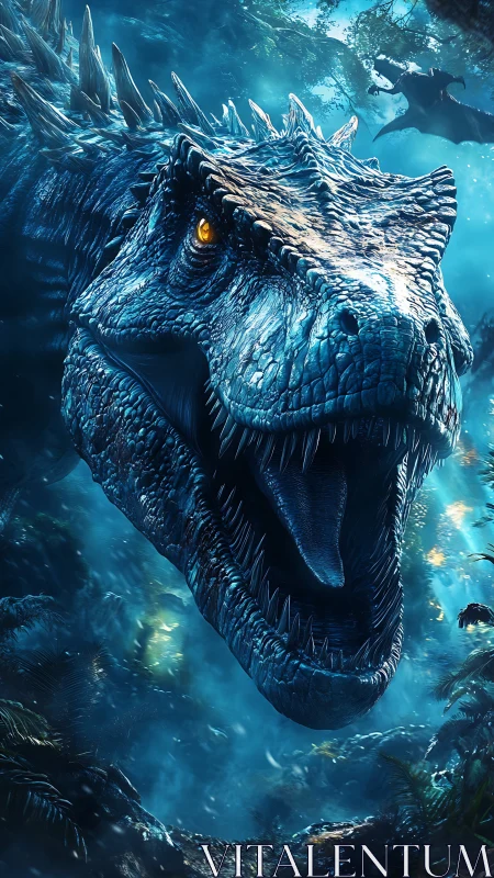 Ferocious blue dinosaur roars through misty jungle night.