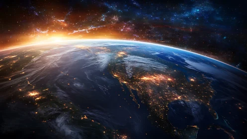 Earth from space with sunrise over North America viewed.