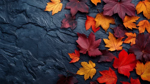 Colorful autumn maple leaves on dark stone background.