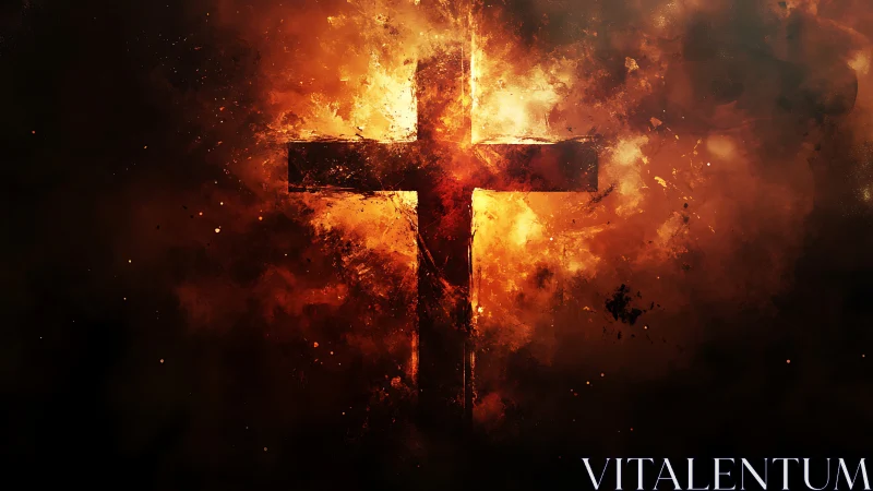 Fiery cross emerges through dark smoke in dramatic contrast