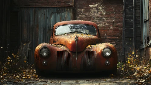 Rusting vintage car parked between old brick buildings.