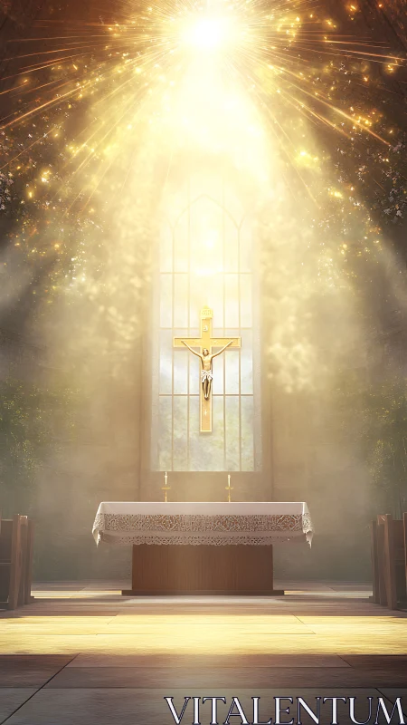 Golden morning light pouring over a quiet church altar.
