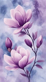 Purple magnolia branch with blooming flowers against ethereal cloud backdrop