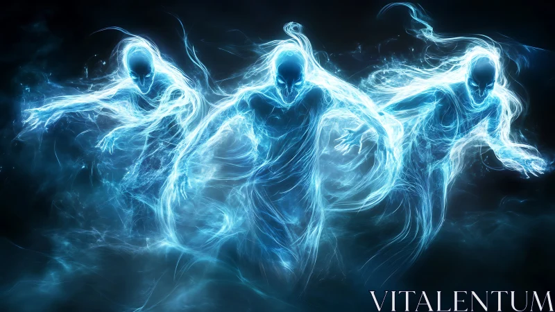 Three luminous humanoid energy forms in motion in darkness.