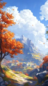 Mountain valley path with autumn trees and distant ruins.