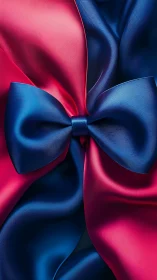 High-sheen satin bow in intertwined magenta and cobalt ribbons