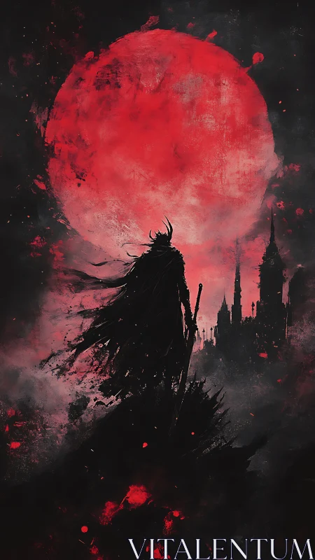 Silhouetted cloaked figure before large red moon and city.