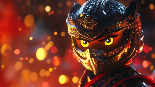 Molten-eyed toy ninja warrior stalking through ember storms.