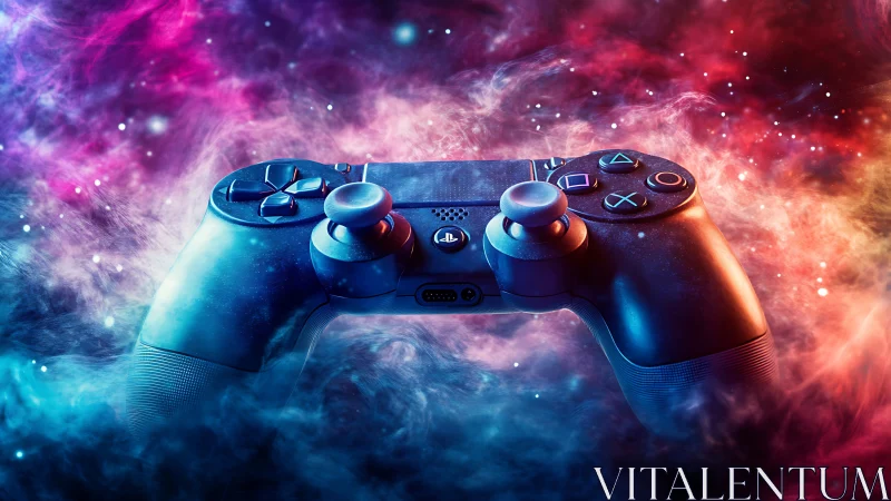 Game controller suspended in colored nebula-like vapor.