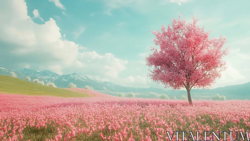 Gentle cherry tree blooms warmly over a dreamy pink meadow